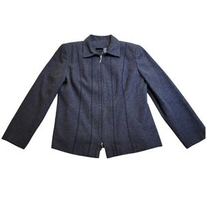 Hillard Hanson Womens Navy Blue Tweed Blazer Suit Jacket Zip Front‎ Collar 14